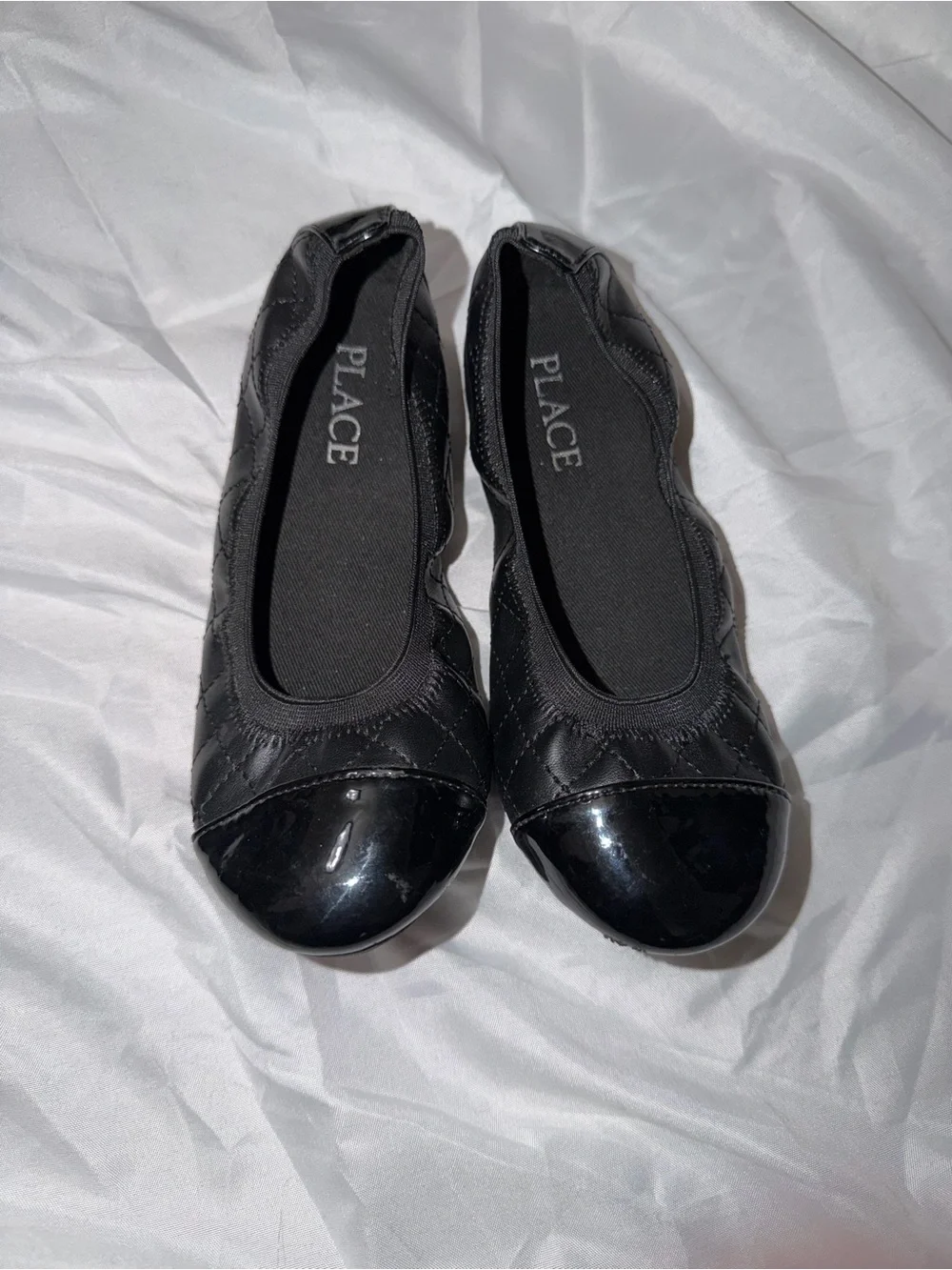 PLACE Black Quilted Ballet Flats with Patent Toe